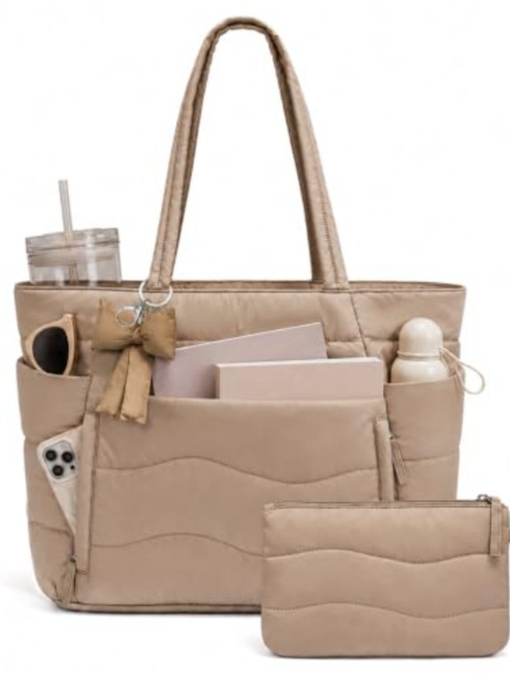 Large Quilted Puffer Tote Bag Travel Shoulder Bag Fits 15.6 Laptop